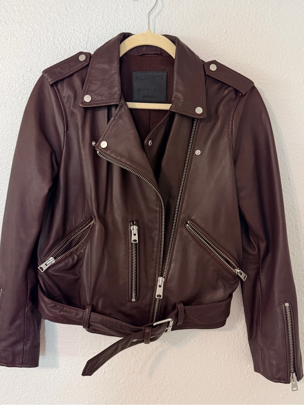All Saints Balfern Deep Berry Leather Biker Jacket